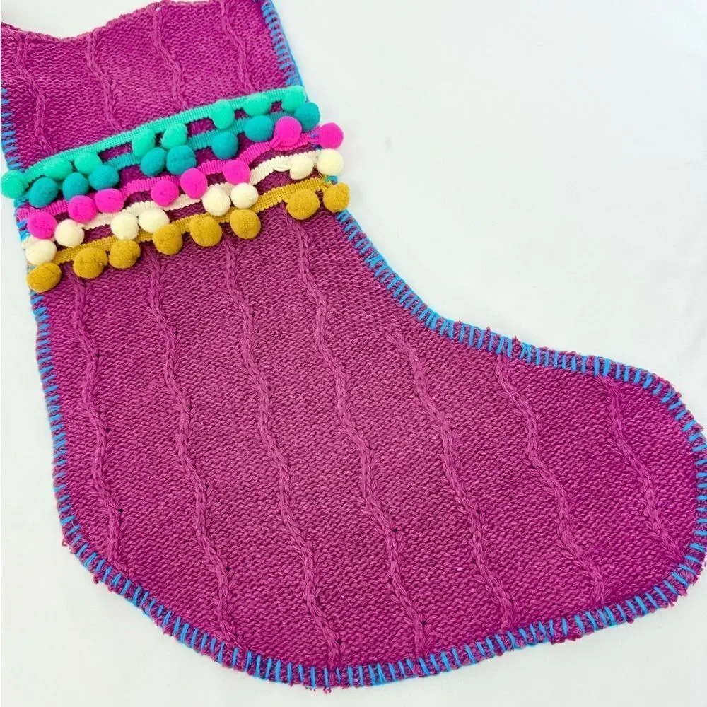 Natural Life Set of 3 Boho Christmas Stockings Purple Cable Knit PomPom Trim